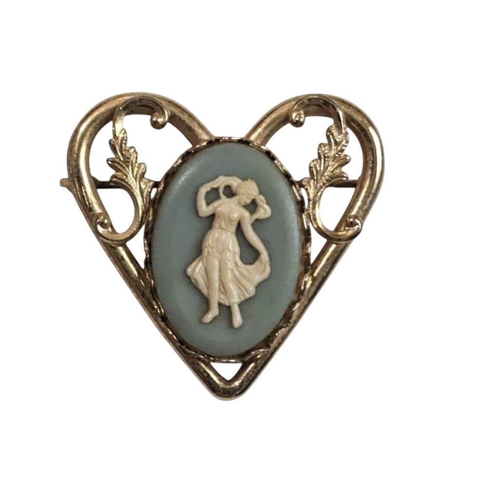Vintage Gold Tone Heart Cameo Brooch Blue Classical Dancing Lady Pin 1.5 Inch